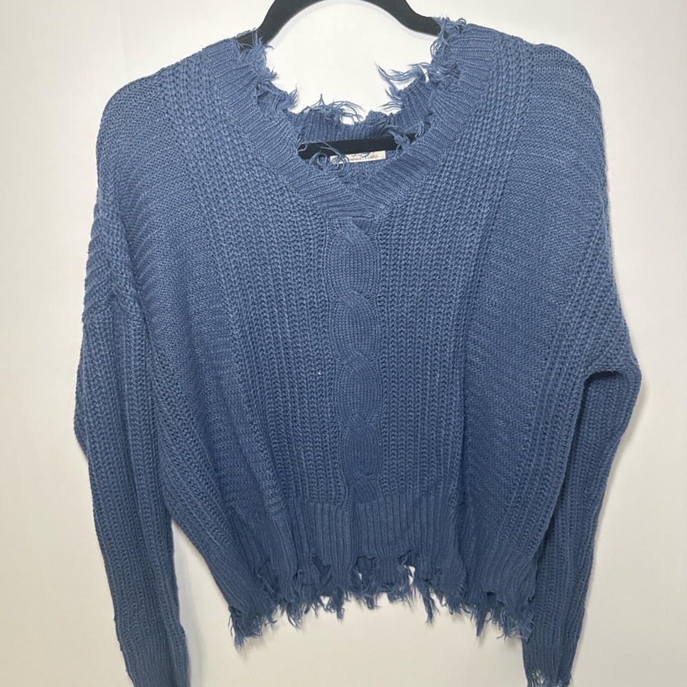 Full Circle Trends Womens Blue Distressed Knit Sweater Crop Pullover XL